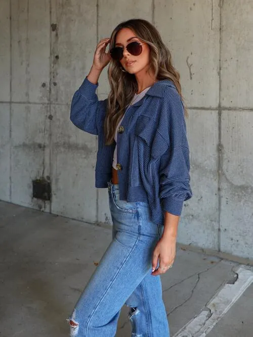 Streetwear Collared Ribbed Button Up Jacket