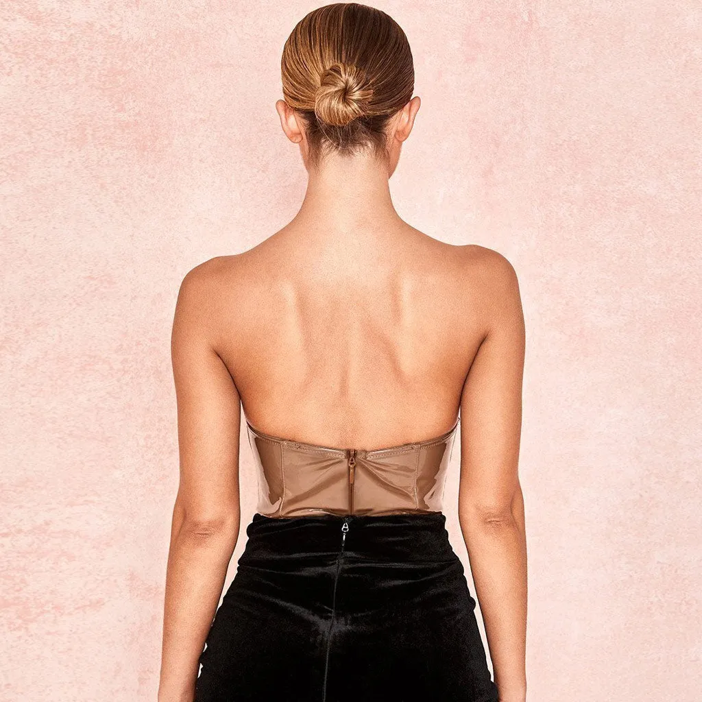 Sweetheart Strapless Push Up Leather Bodysuit - Coffee