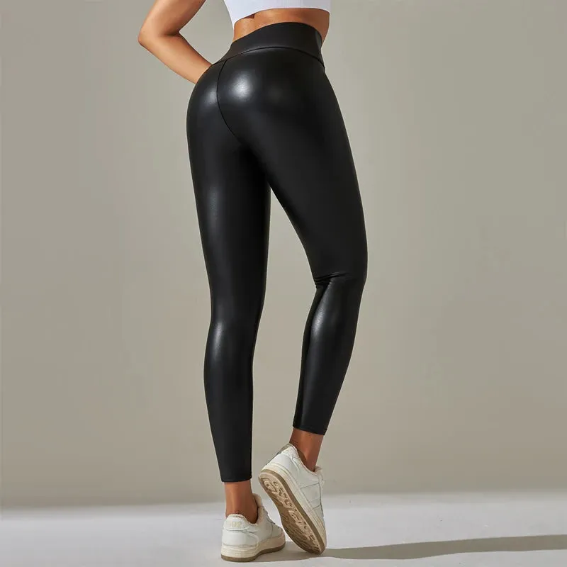 Trendy Oversized Women’s High-Waisted PU Leather Leggings, Colorful Yoga Pants