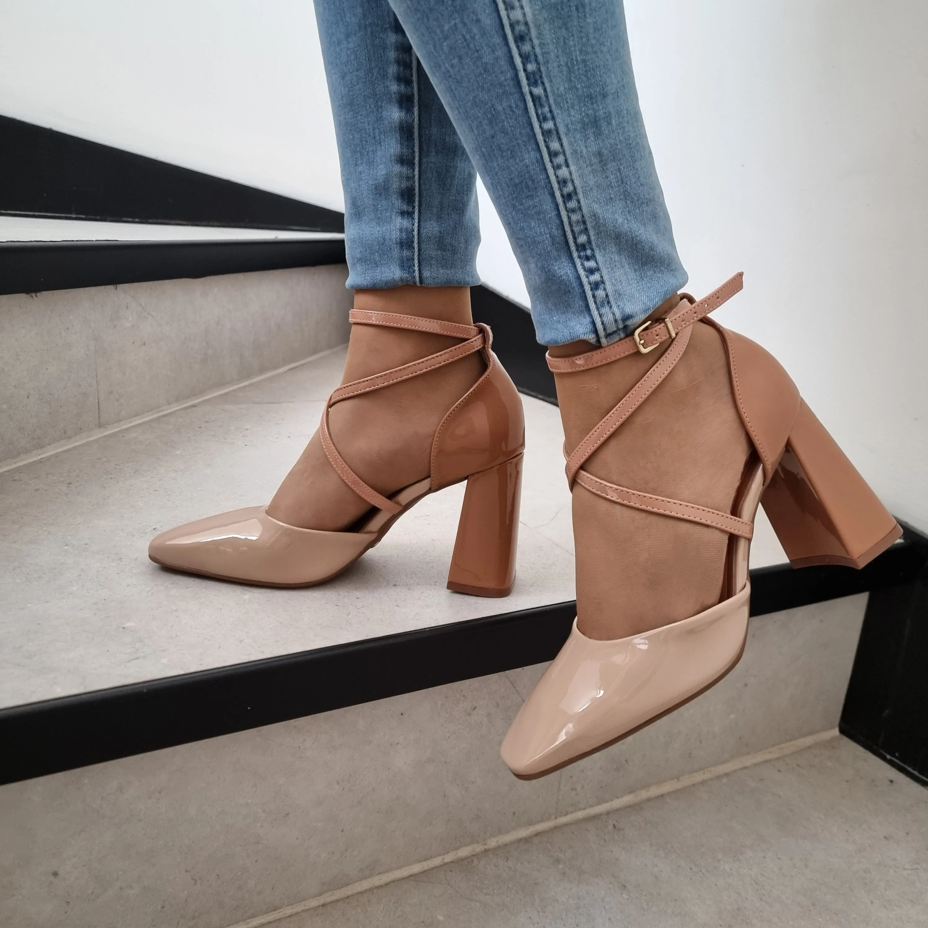 Vizzano 1416-102 Strappy Block Heel Square Toe Pump in Beige