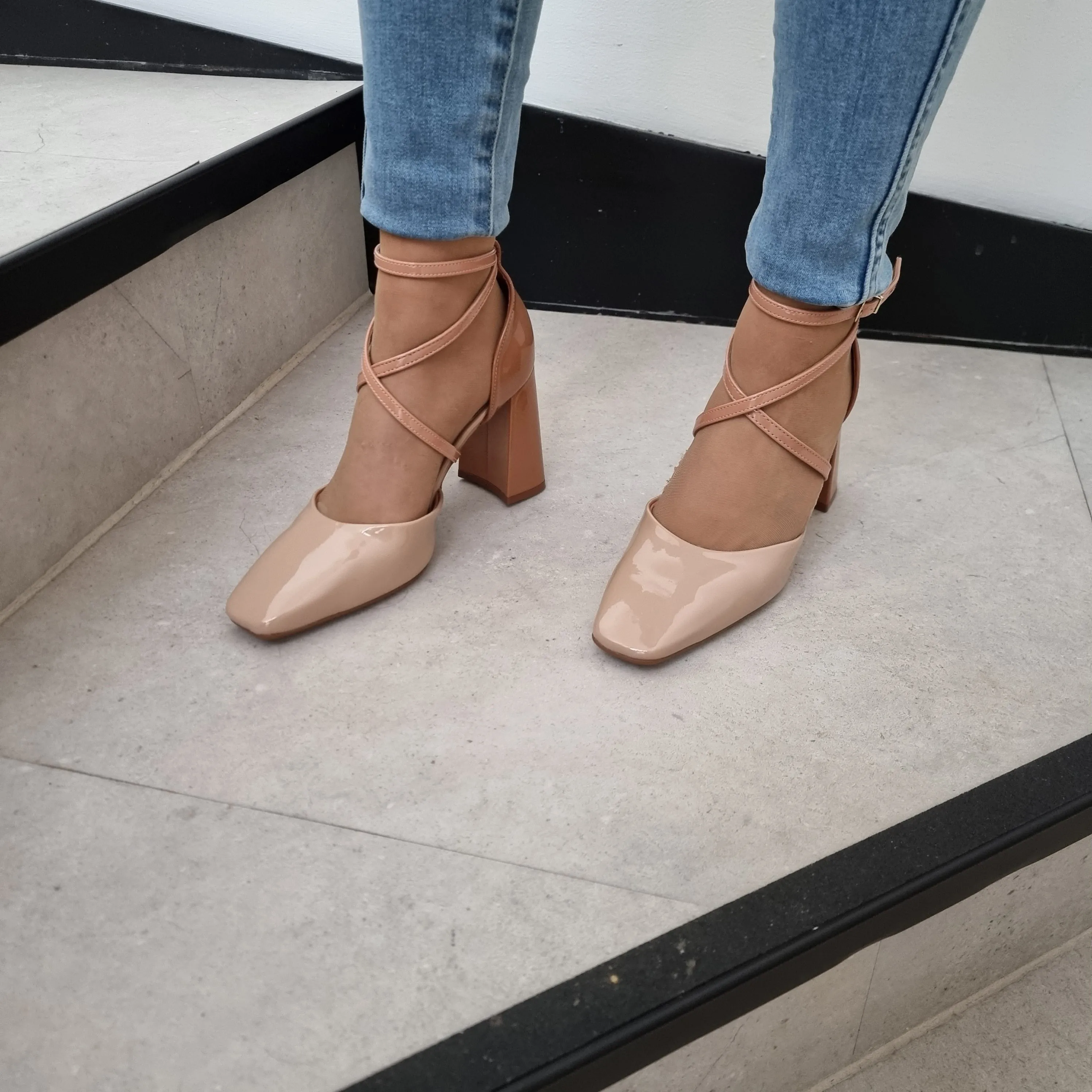 Vizzano 1416-102 Strappy Block Heel Square Toe Pump in Beige
