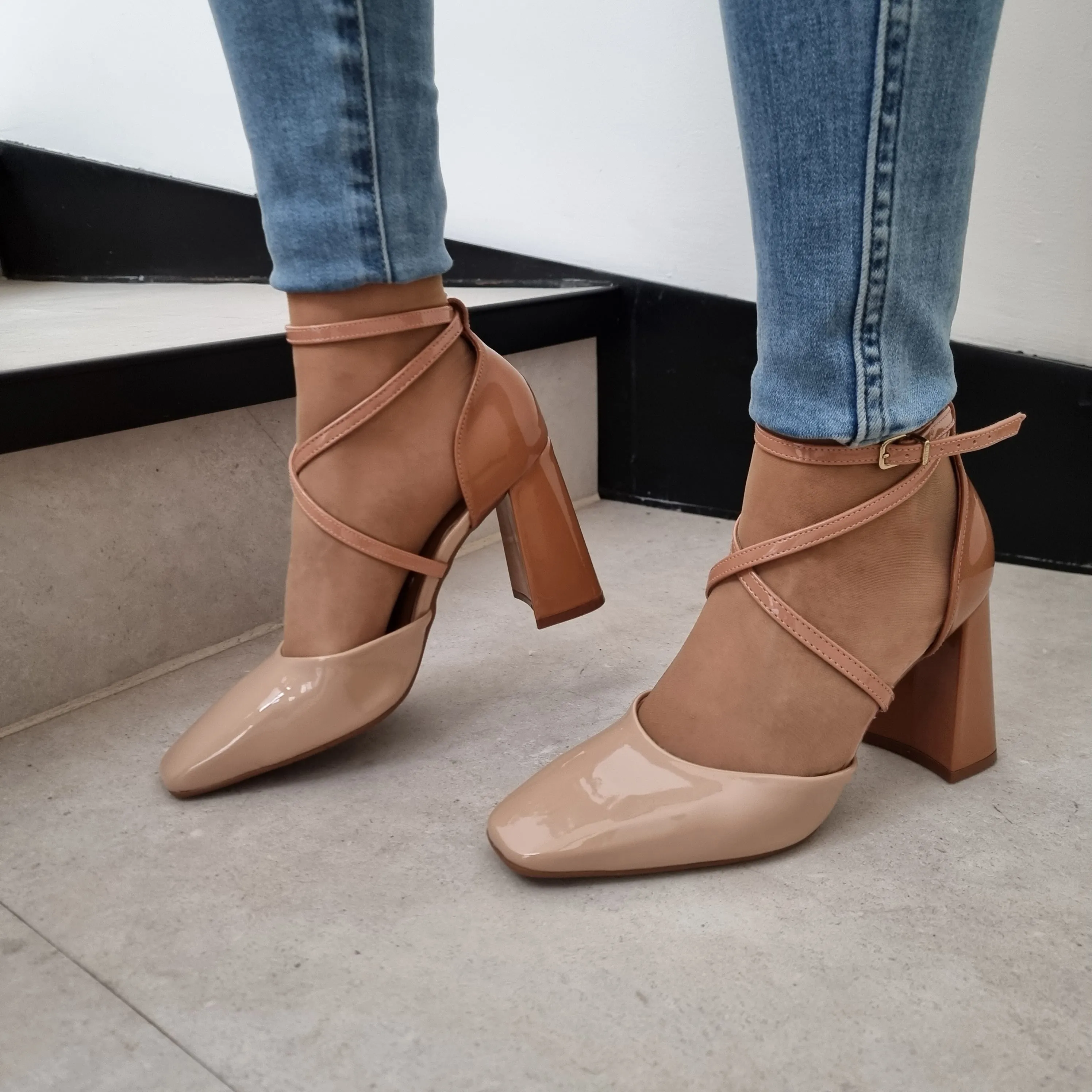 Vizzano 1416-102 Strappy Block Heel Square Toe Pump in Beige