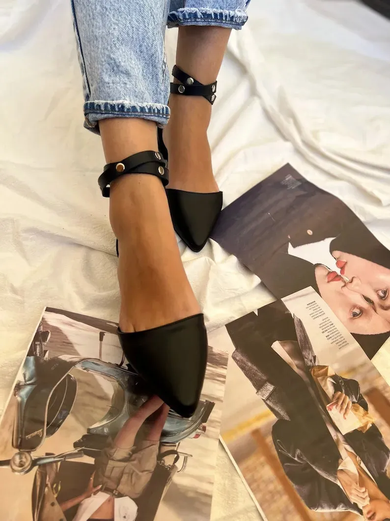 Women Handmade Black Leather Mules
