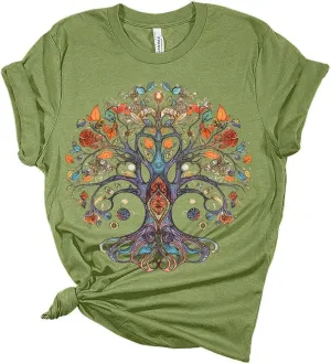 Women Vintage Boho Shirt Tree of Life Flower Tops Watercolor Graphic Tees Casual Short Sleeve Summer T Shirts